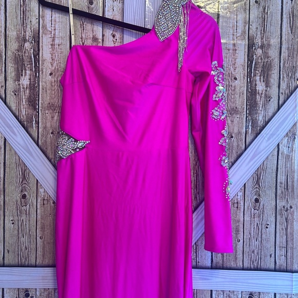 Faviana Pink One-Shoulder Bishop Sleeve Bodycon Dress size 8 (I) - Picture 4 of 10